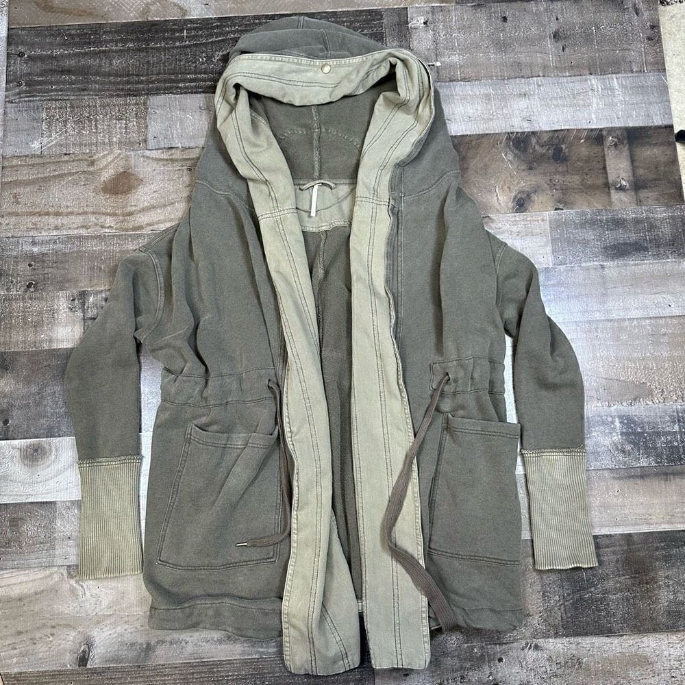 Free People Women’s Size XS Open Front Jacket Grey Drawstring Tie Waist Hooded